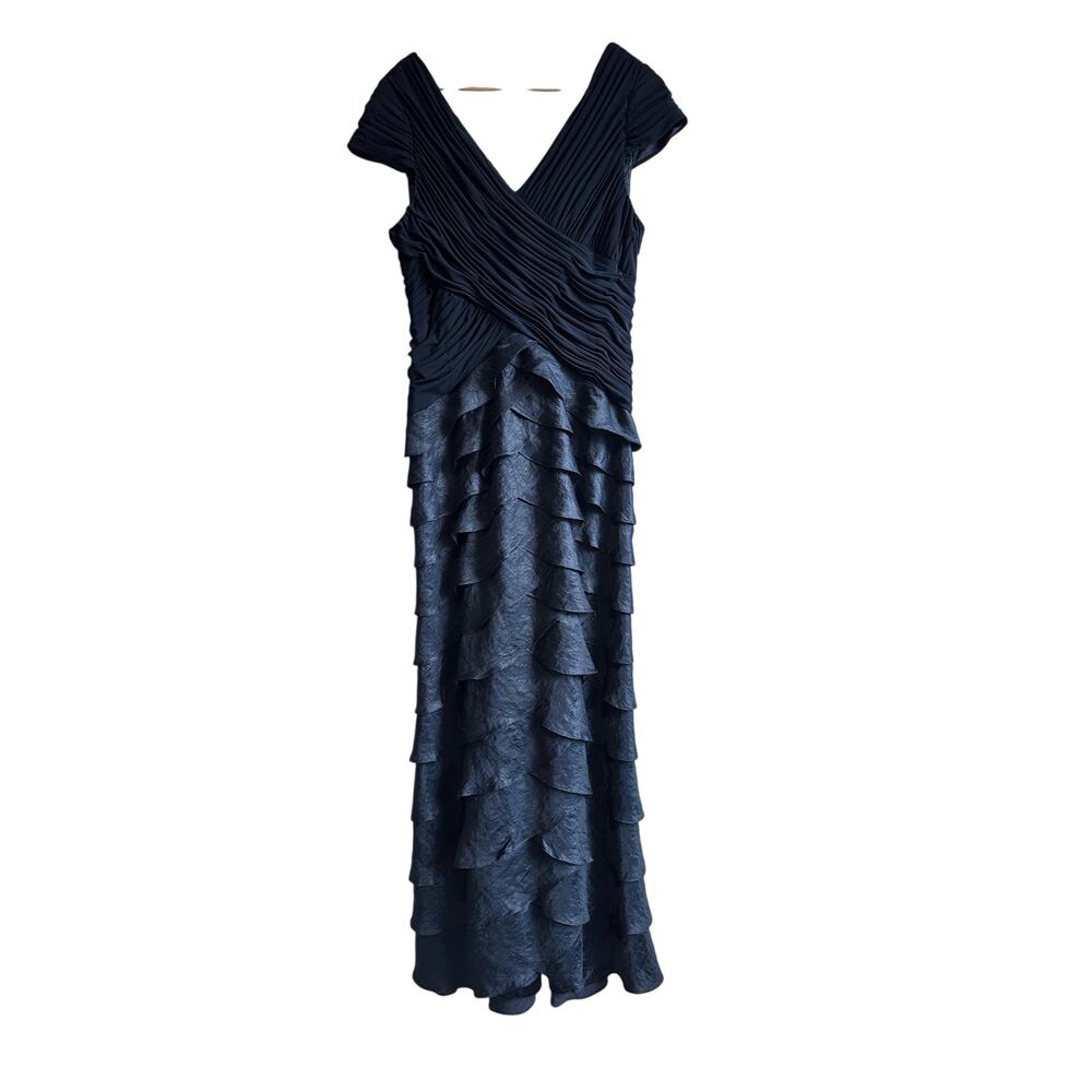 Adrianna Papell Navy Blue Tiered Ruffle V-neck Formal Long Dress 14